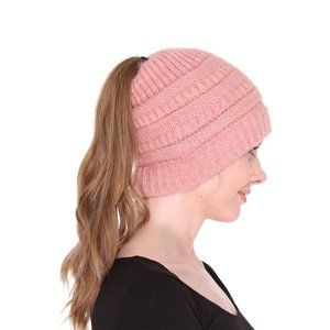 WOMENS PINK KNITTED PONYTAIL BEANIE - NWT - OSFA